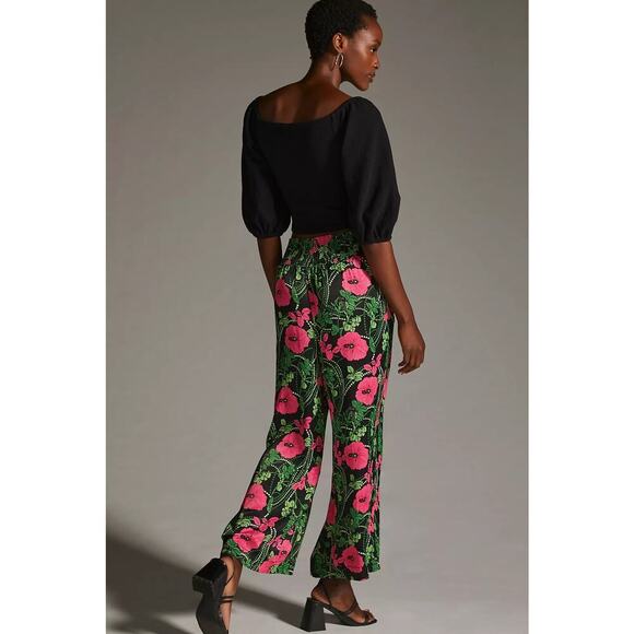 Anthropologie Maeve Saria Smocked Wide-Leg Floral Black Pants Size S - Picture 2 of 12